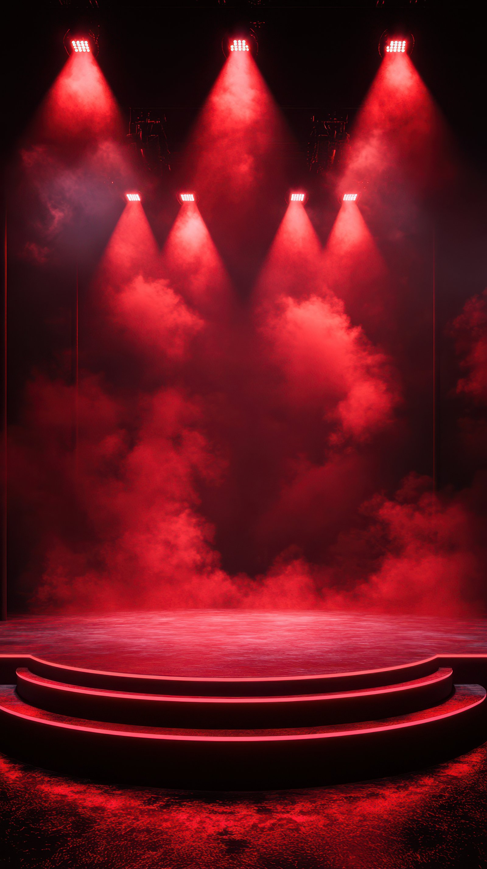 Dramatic red stage with vibrant lights and fog creating an intense atmosphere for a performance